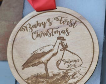 Baby's First christmas ornament personalized stork