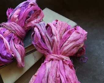 Hand dyed recycled silk ribbon 10m bundle Purple pink sari silk