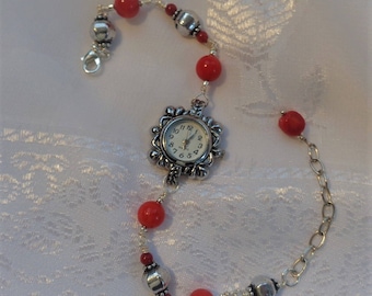Boho Coral Bracelet Watch- Red Coral Watch- Coral and Silver Watch- Bohemian Watch- Gypsy- Hippie- Unique Timepiece- Beautiful Watch