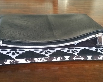 Black Masi Fold Over Clutch MEDIUM, Black Faux Leather Fold Over Clutch, Tribal Fold Over Clutch, Masi Bag, Tapa bag, Fold Over Clutch