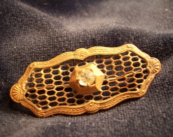 Antique Openwork Scalloped Rhinestone Brooch Pin