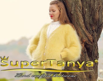 Yellow V neck mohair cardigan, super fuzzy sweater jacket by SuperTanya