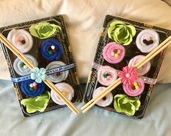 Baby wash cloths sushi bunch of 6 colorful washcloths folded like sushi + chop sticks birthday gift shower new boxed treat, twin gift, &card