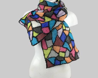 nuno felted scarf, stained glass, fashion scarf, wool scarf, merino wool and silk, felt scarf, OOAK