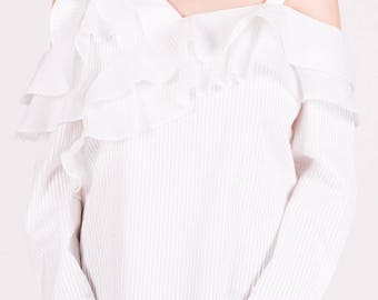 NEW SS17, Claire White Ruffled Shirt, White Cotton Blouse with Ruffle Decorations by ILMNE