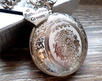 Father of The Groom Pocket Watch Silver Pocket Watch with Watch Chain Personalized Father of The Groom Gift Idea Ships to US/Canada SLEQ