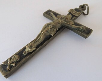 Antique French, Brass And Ebony, Pectoral Crucifix, Shipping included