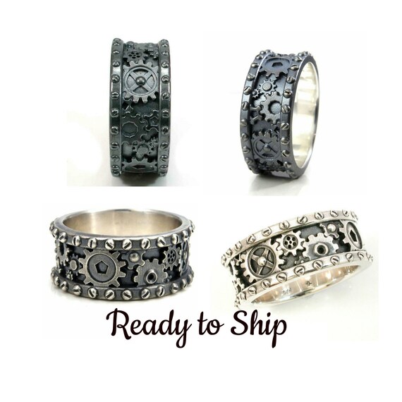 Mens Gear Ring - Sterling Silver Steampunk Band - Pick Your Finish - Ready to Ship