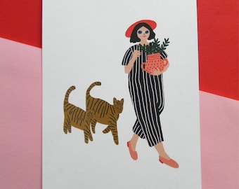 Girl walking with cats postcard