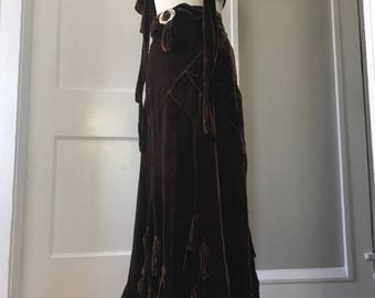 Vintage 1930s chocolate brown silk velvet skirt with rhinestone belt buckle and matching capelet shawl - 30s