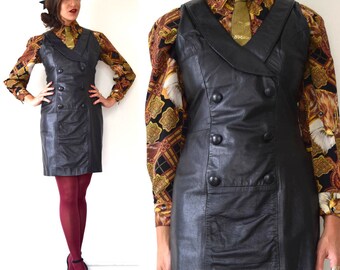 Vintage 80s 90s Black Leather Double Breasted Mini Dress (size small, medium)