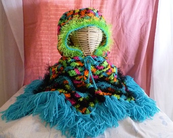 Owl Poncho: Neon, Blue Fringe