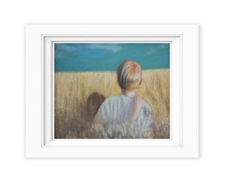 Print of Original oil pastel painting entitled Summer Daze days children farm wheat industrial rustic farmhouse decor print SD9382