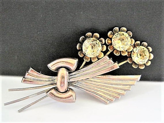Sterling Silver Flower Brooch, Citrine Glass Cabochons, Gold Vermeil Overlay