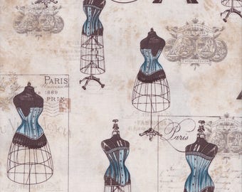Robert Kaufman Fabrics, City of Lights, Dress Forms, Eiffel Tower, Script, Dusty Blue