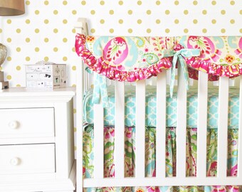 Kumari Garden Bumperless Bedding, Mint Crib Bedding, Jeevan Pink Bumperless 3pc Crib Bedding, Pink Crib Bedding, Girl Crib Sets