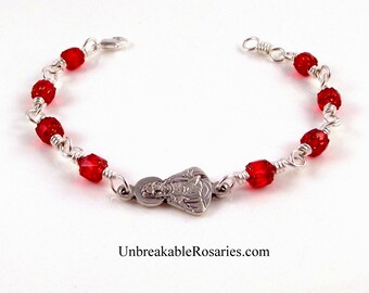 Sacred Heart of Jesus Wire Wrapped Religious Charm Bracelet Red Cathedral Glass by Unbreakable Rosaries