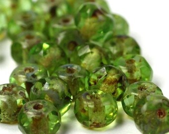 Czech Glass Beads Fire Polished Gemstone Donuts 4x6mm Peridot Picasso (25) CZF241