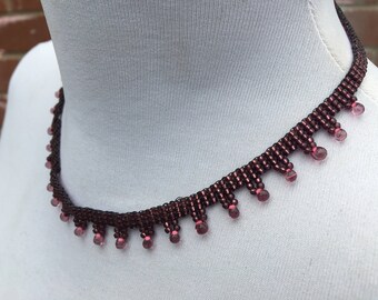 Handcrafted - Woven - Glass Seed Bead Necklace - Vintage Jewellery - Gift for Her - Birthday Present - Dark Rose Pink