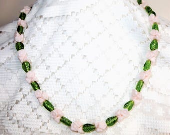 Beautiful Molded Pale Pink and Green Flower Glass Bead Necklace