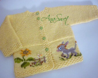 Hand knit baby cardigan Sunshine day.