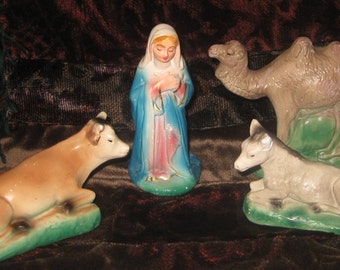 Vintage Chalkware Nativity Figures, Mary, Cow, Camel, and Donkey