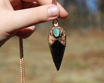 Black Obsidian Arrowhead Necklace, Electroformed Copper