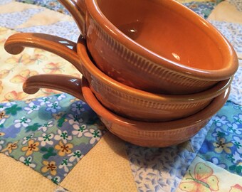 Vintage 3 Piece Set French Casserole or Handled Soup Bowl Set Pumpkin Orange Oven Serve Homer Laughlin Made in The USA