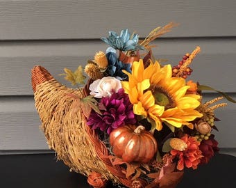 Fall Cornucopia, Thanksgiving Decor, Horn of Plenty, Floral Arrangement, Flower Arrangement, Fall Decor, Autumn Decor, Thanksgiving Table