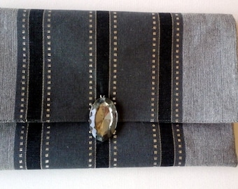 Evening clutch gray silver cotton Party envelop bag, Wrist and cross body purse