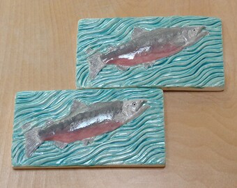 2 Chinook Salmon Subway Tile, 3 x 6 inch tile,turquoise for fisherman. handmade tile for fireplace kitchen or bath.