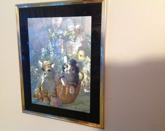 Vintage Framed Foil Kittens Framed Picture of Kittens Foil Art