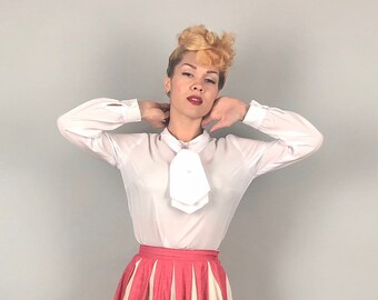 Vintage 1960s Blouse | 60s Snow White Darcon Long Sleeve Button Back Shirt with Ascot Neck Tie and Pearl Button | Medium