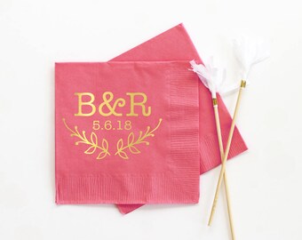 Personalized Napkins for Wedding Monogram Cocktail Napkins Custom Printed Napkins Coral and Gold Foil Napkins Monogrammed Party Supplies