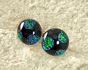 Dichroic Glass Earrings Sterling Silver Post Fittings with Silver Butterfly Backs Sparkling Iridescent Colours - Round 10mm -Gift Box