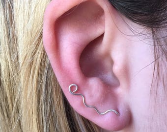 Sterling silver ear crawlers, minimalist, waves and loop, one inch long.
