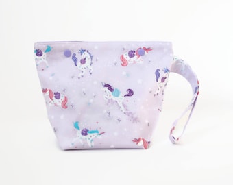 Unicorn knitting project bag, small sock knitting bag, mother's day gift, purple crochet project bag, yarn storage tote