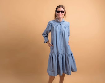 Vintage Chambray Dress / Vintage 90s Dress / Ruffle Hem Dress / 90s Minimal Dress Δ size: XS/S