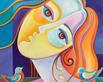 Cubist Painting Abstract Art Original Oil Marlina Vera Girl with Birds portrait woman Modern artwork Picasso Style figurative cubism sale