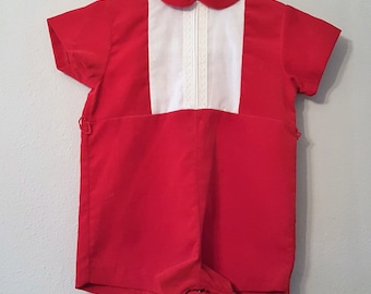 Vintage Boys Red Velvet Romper with White Lace Panel by C.I. Castro- size 12 months- New, never worn
