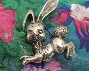 TORTOLANI For CRISLU Vintage Sterling Plate Rabbit Brooch ~ Sterling Wash Figural Bunny Brooch ~ Crislu 1963 Dimensional Silver Rabbit Bunny