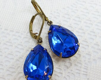 Sapphire Blue Earrings Glass Jewel Earrings Estate Style Hollywood Glamour Bridal Wedding