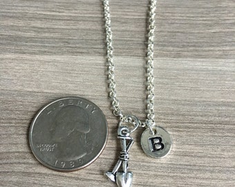 Garden spade and Hoe initial necklace, gardening necklace, gift for gardener, shovel necklace, hoe necklace garden tool necklace, gardening