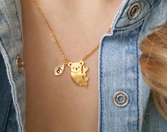 Delicate Petite Koala Necklace, Koala necklaces,initial leaf necklace,Layering necklace, Tiny Necklace ,Bridesmaid Gift, valued gift