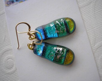 Dichroic Earrings Teal and Green Cascade of Color Fused Glass Jewelry Gold Earwires Dangles Pierced Fishhook French Hook Dichromium Boho