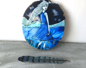 Unique home decor, She dreams in blue, monochromatic art, shellieartist, boho girl, soul searcher, Mounted Print, round wood slice