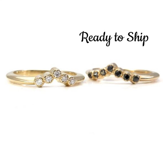 Ready to Ship Size 5 - 7 -Diamond Stacking Chevron Ring - 5 White Diamonds or 7 Black Diamond 14k Yellow Gold Wedding Band