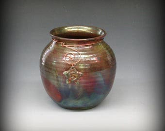 Raku Pot with Star and Moon in Metallic Iridescent Colors