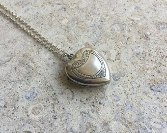 Vintage silver heart locket, large engraved locket, FREE UK SHIPPING