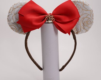 Beauty and the Beast Rose Inspired Mickey Ears with Removable Bow